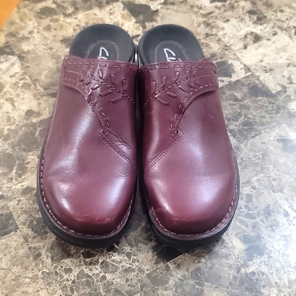 CLARKS Womens Brown(burgund) Leather Mule Slide Shoes Size 7M Accent Sandal's - Picture 2 of 8